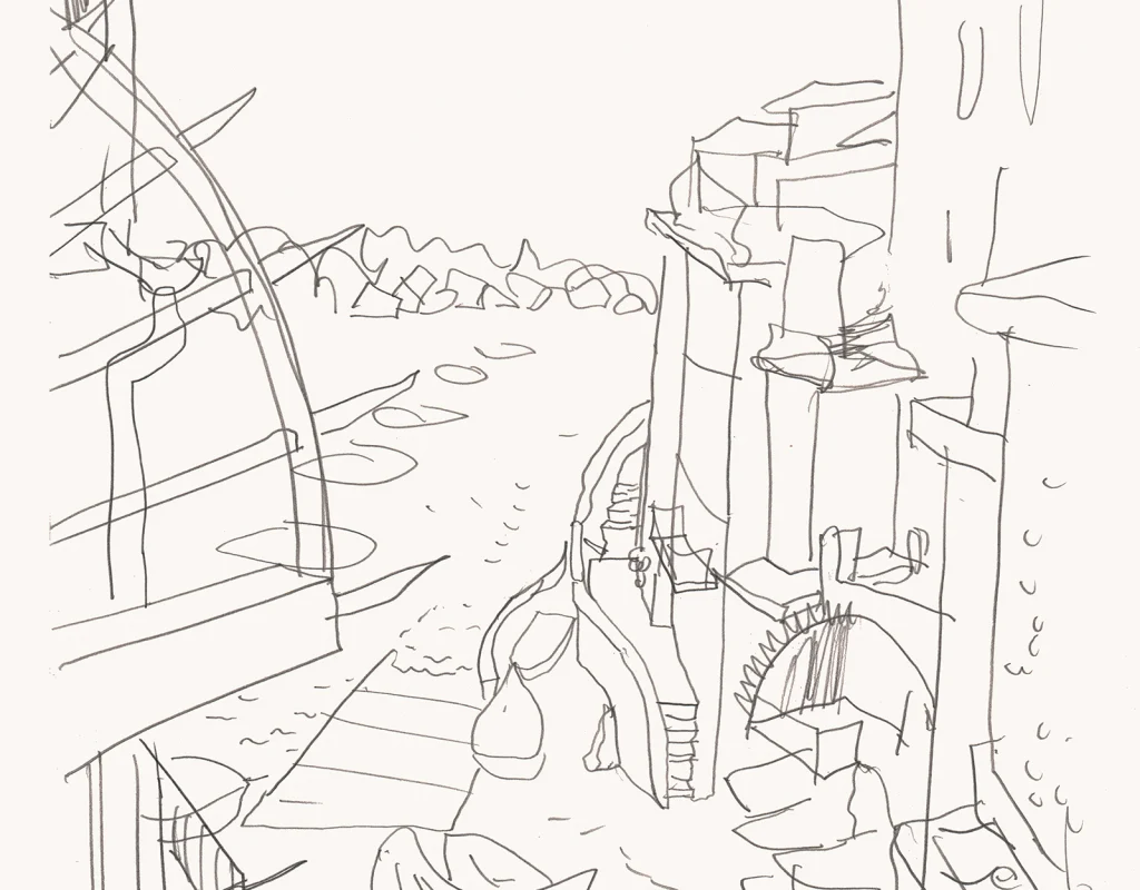 Paul Madonna - Sketch - Riomaggiore_Port-courtyard-view