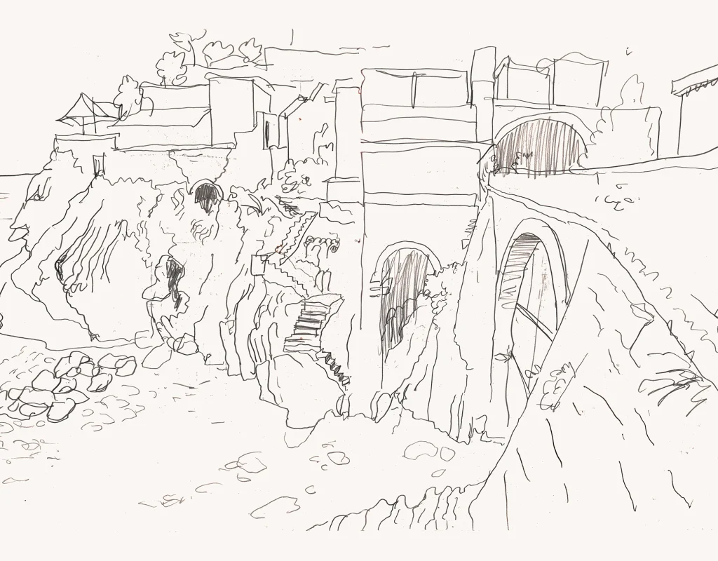 Paul Madonna - Sketch - Riomaggiore_Train-Bridge-Sea-1